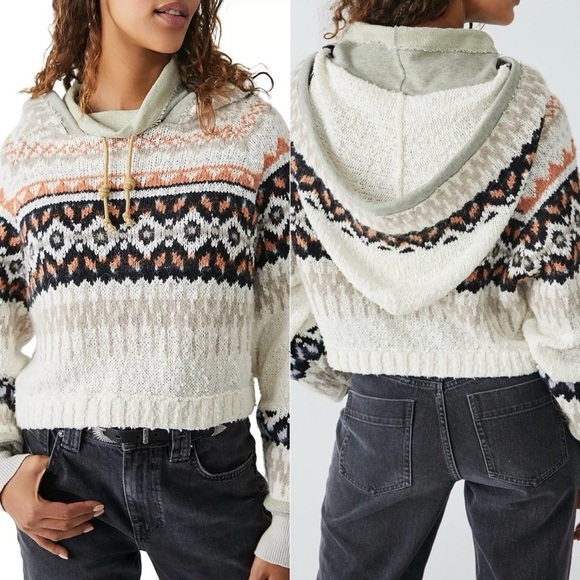 Free People Hoodie Inverness Pullover Sweater Cropped Long Sleeve Oatmeal - Picture 1 of 12